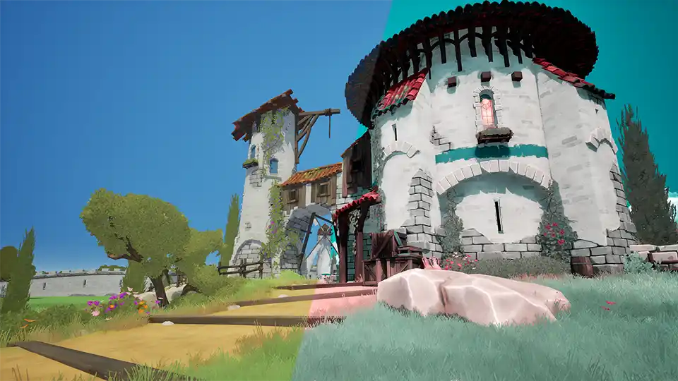 Diagonal split-screen of a stylized game scene demonstrating color blindness (color vision deficiency): normal vision on the left and tritanopia simulation on the right, showing how the sky, foliage, and building colors shift.