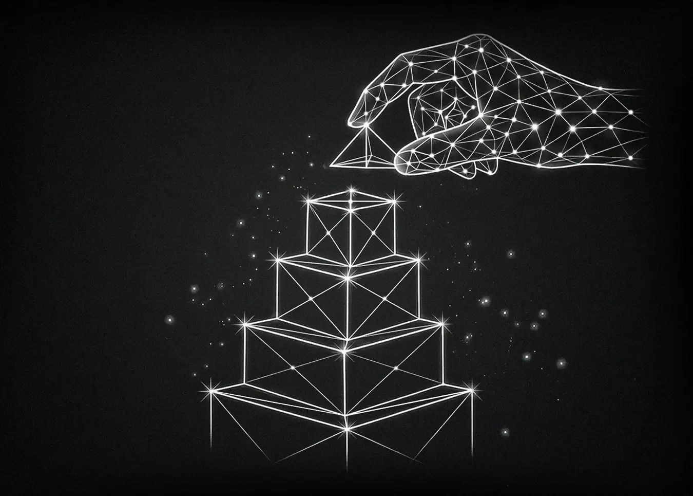 A human hand in a wireframe style placing a block on top of other blocks, symbolizing creation and building.