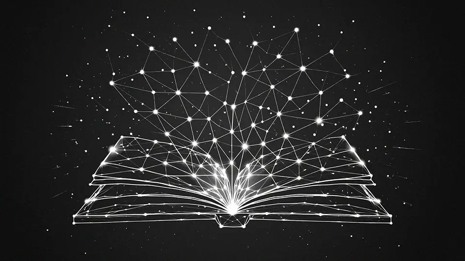 An open book in a wireframe style, symbolizing knowledge and learning.