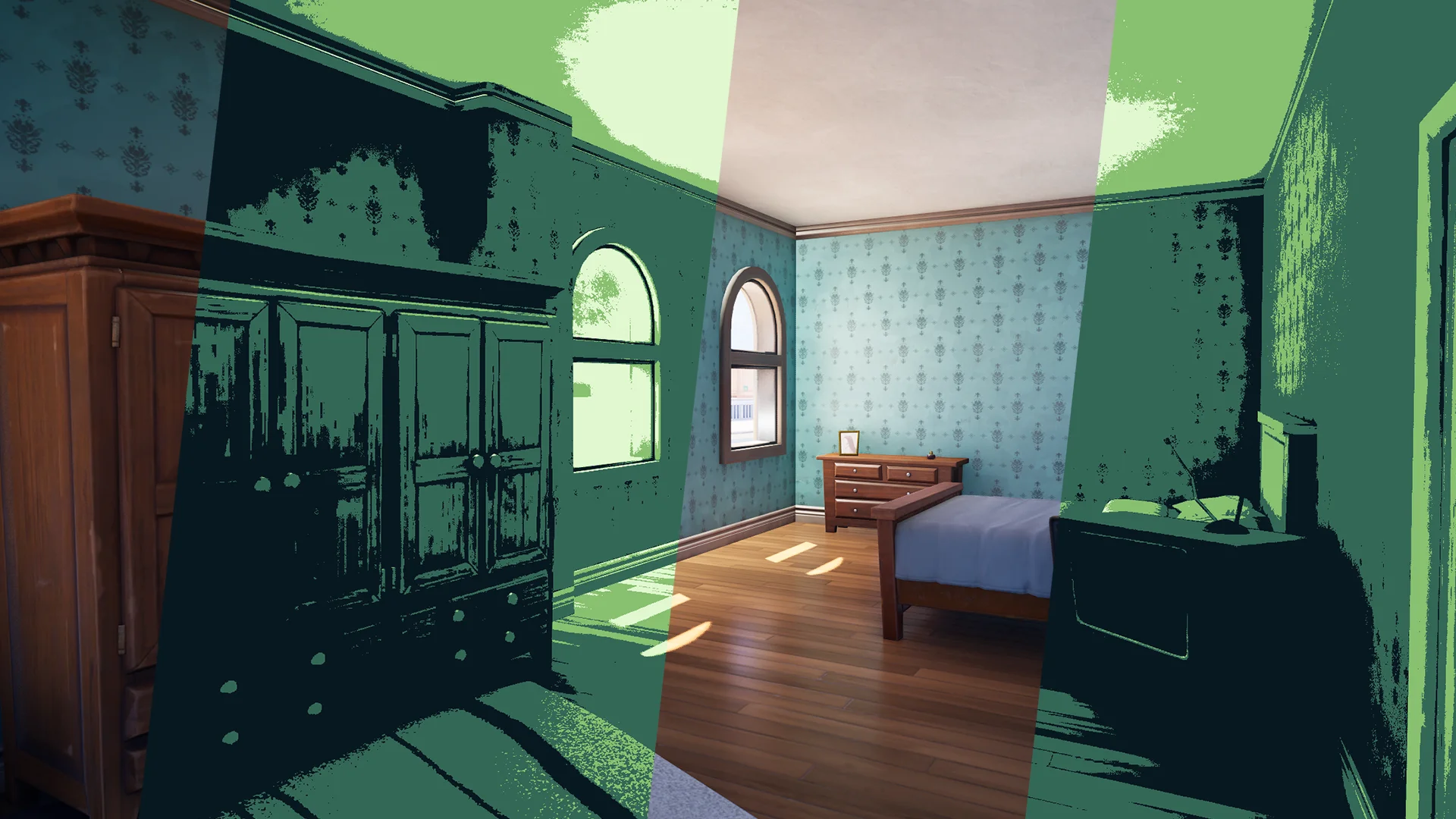 Comparison of a Fortnite scene with and without the Colorize post process effect.