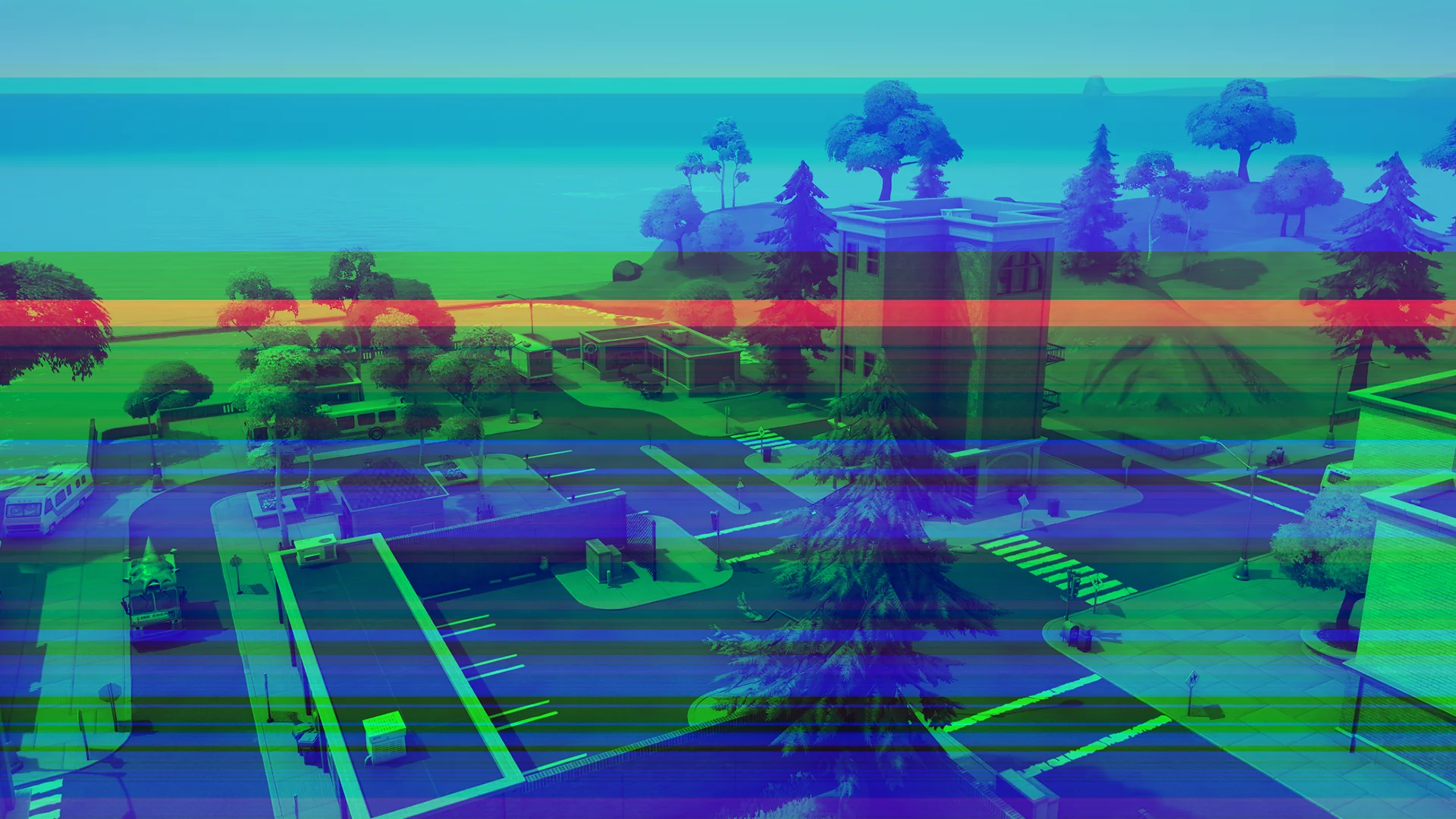 Showcase of the glitch post process effect in a Fortnite scene.