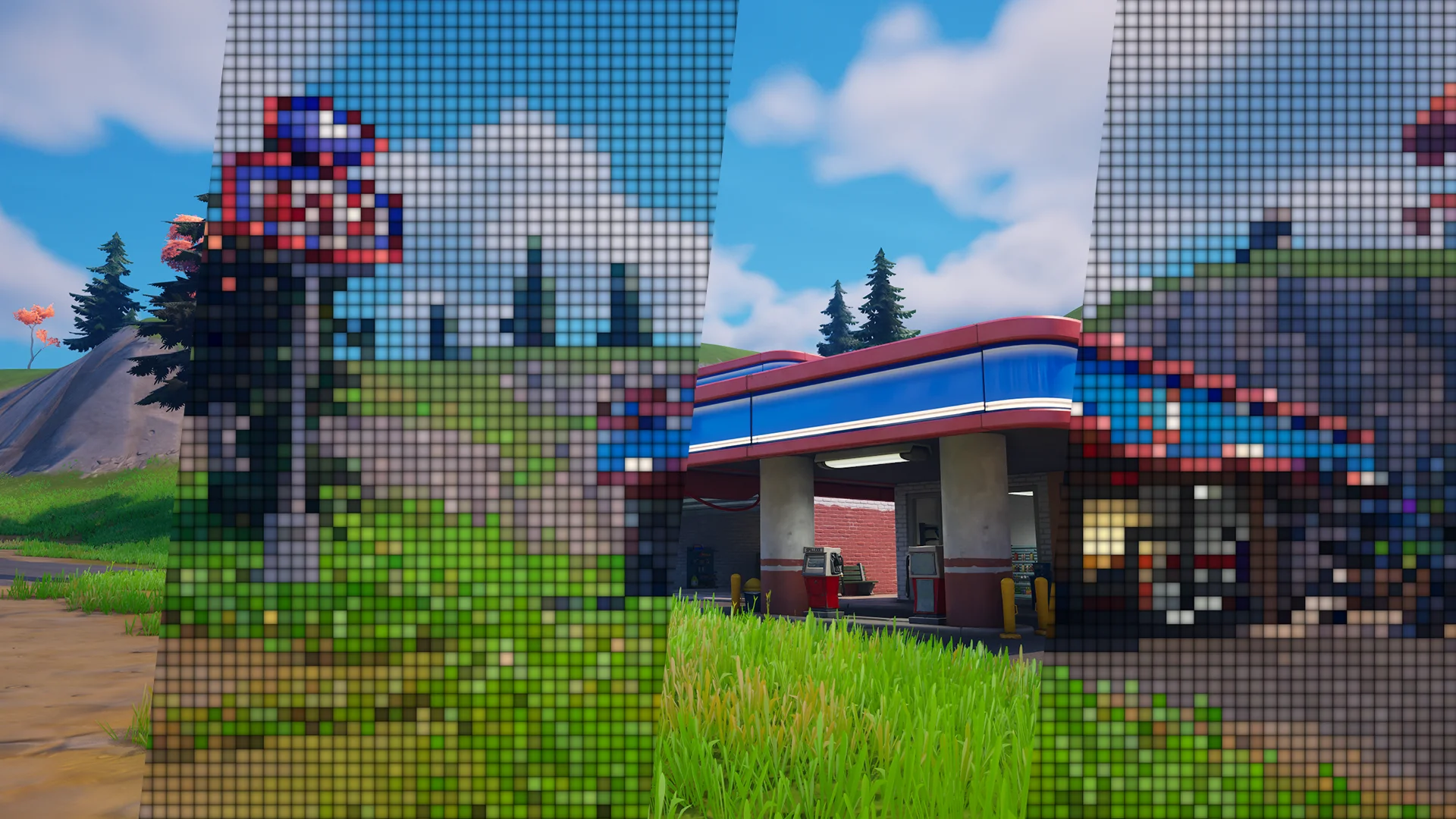Comparison of a Fortnite scene with and without the Square pixelation post process effect.