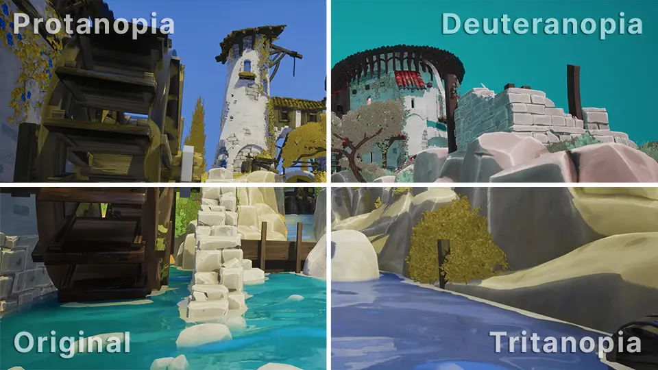Four-panel image of the same game scene comparing original colors with protanopia, deuteranopia, and tritanopia color vision simulations.