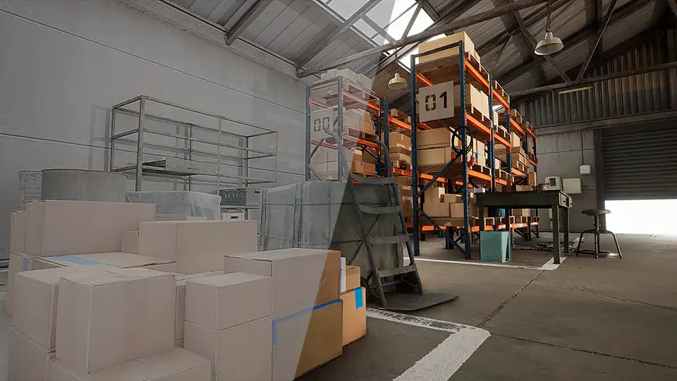 Warehouse scene with half the image showing contrast loss.