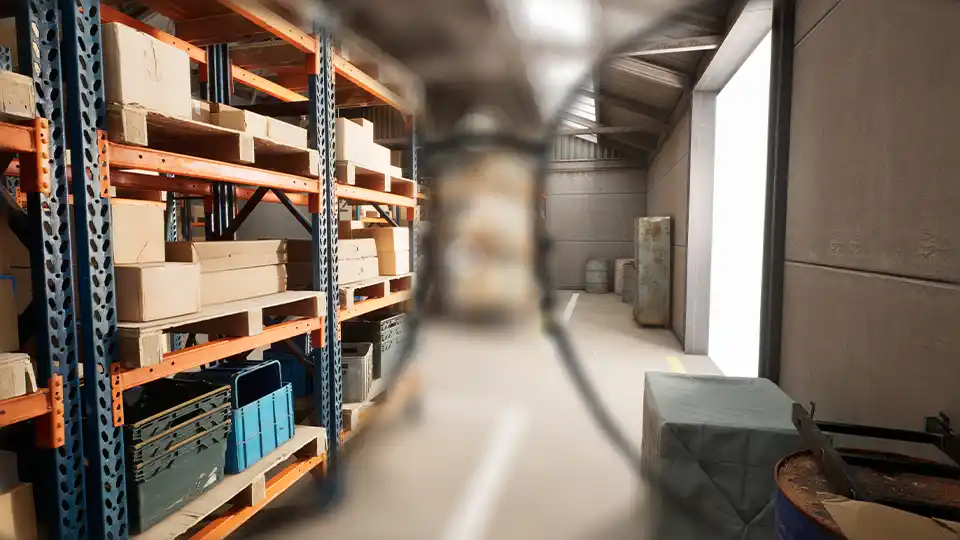 Warehouse scene showing blurred vision compared with corrected vision through eyeglasses.