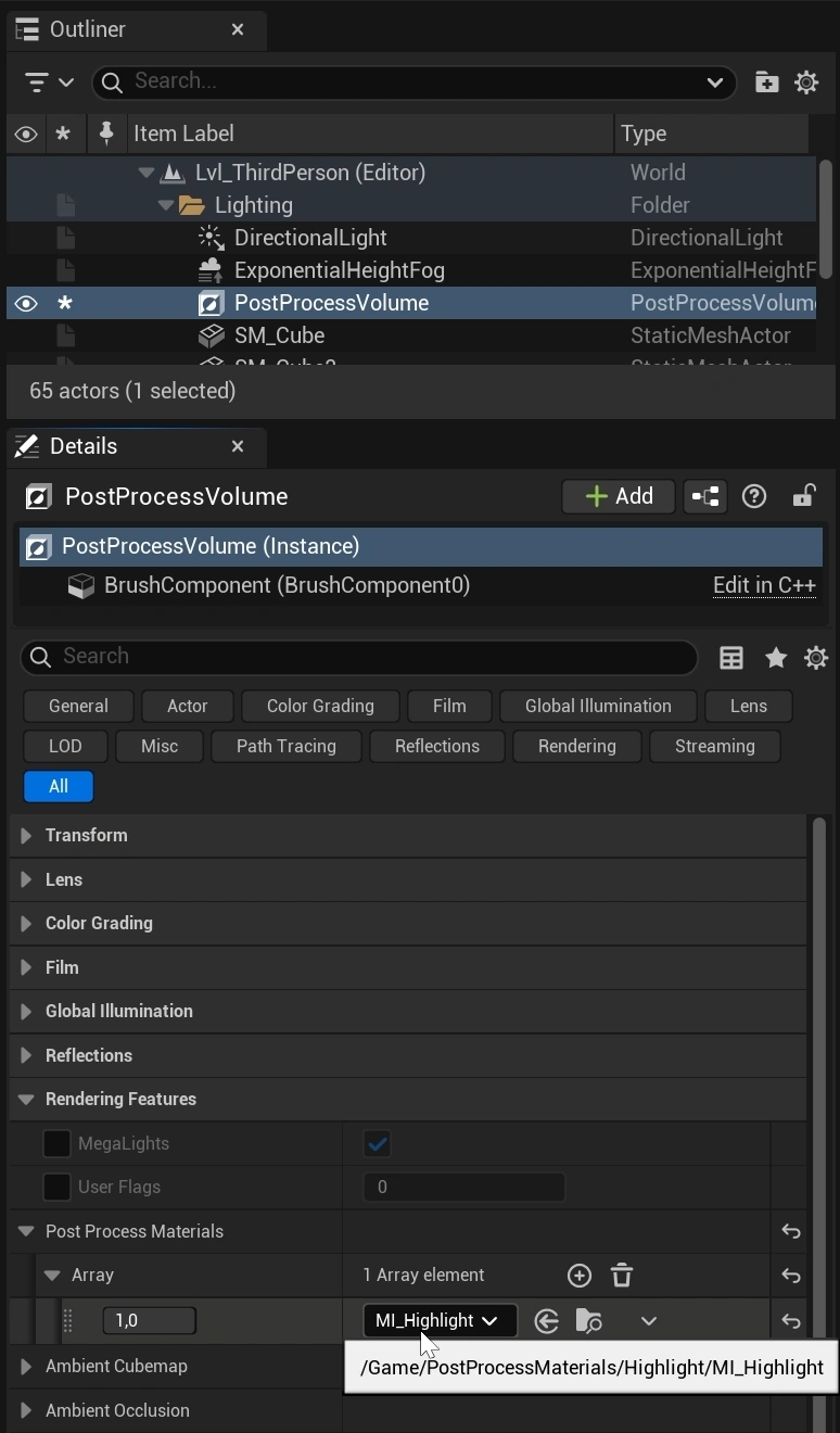 Showcasing how to setup the post process volume in Unreal Engine.