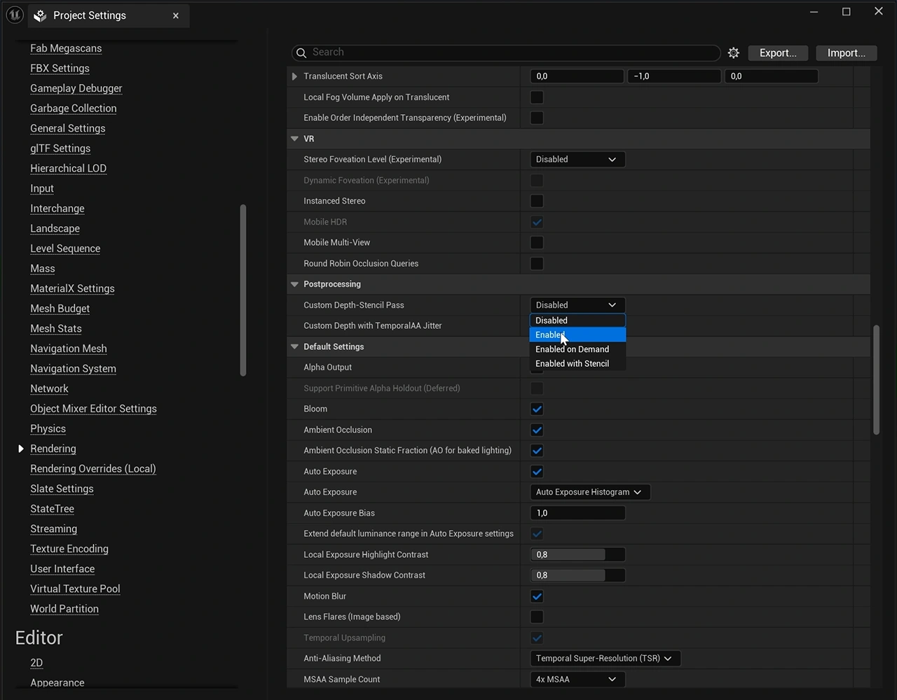 Showcasing how to enable the Custom Depth Stencil Pass in the Project Settings menu in Unreal Engine.
