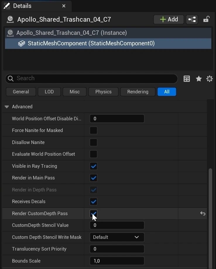 Showcasing how to enable the Render CustomDepth Pass for a Static Mesh Actor in Unreal Engine.