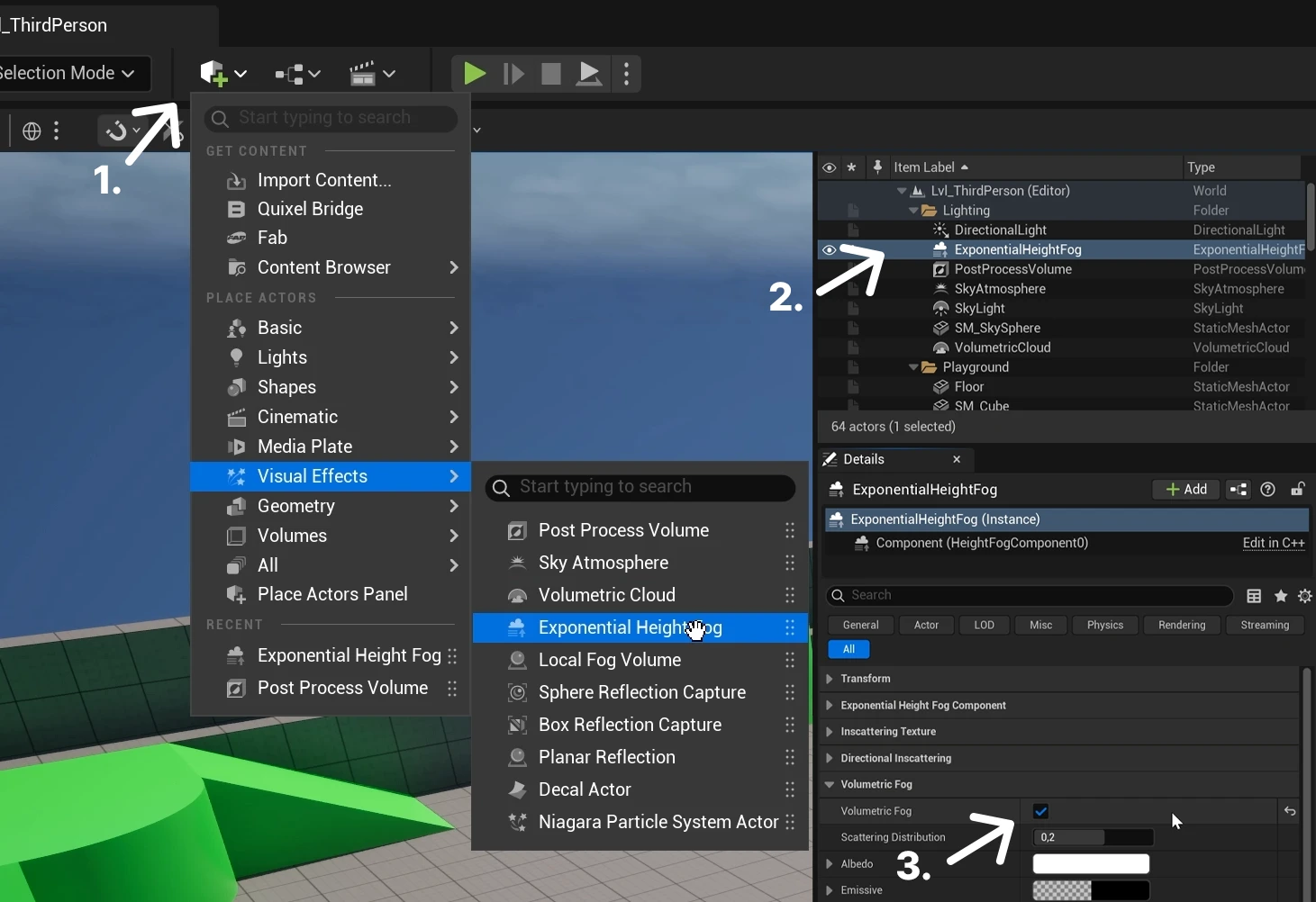 Showcasing how to enable volumetric fog in Unreal Engine.