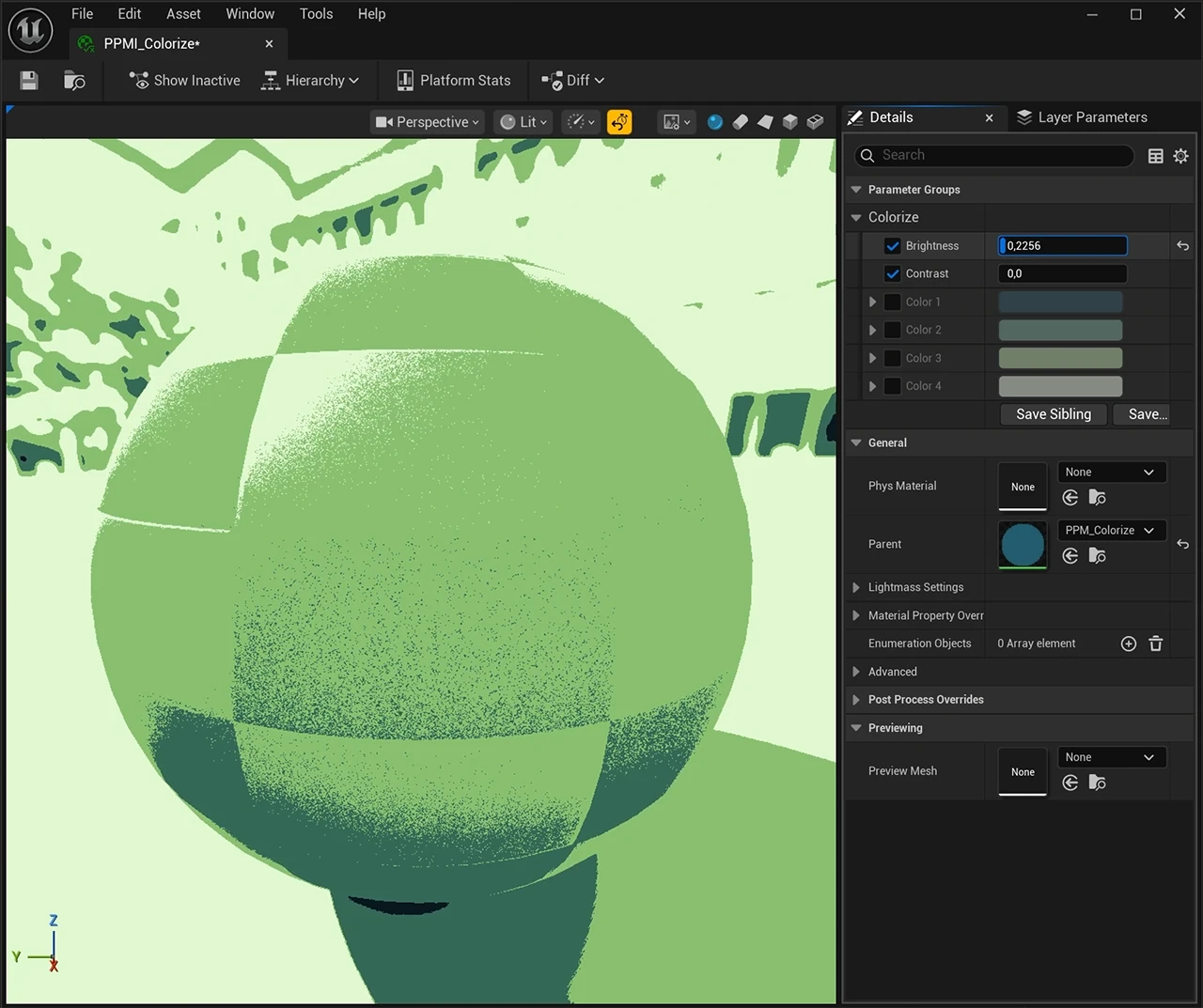 Showcasing the material instance menu used to change the Colorize post process material in Unreal Engine.