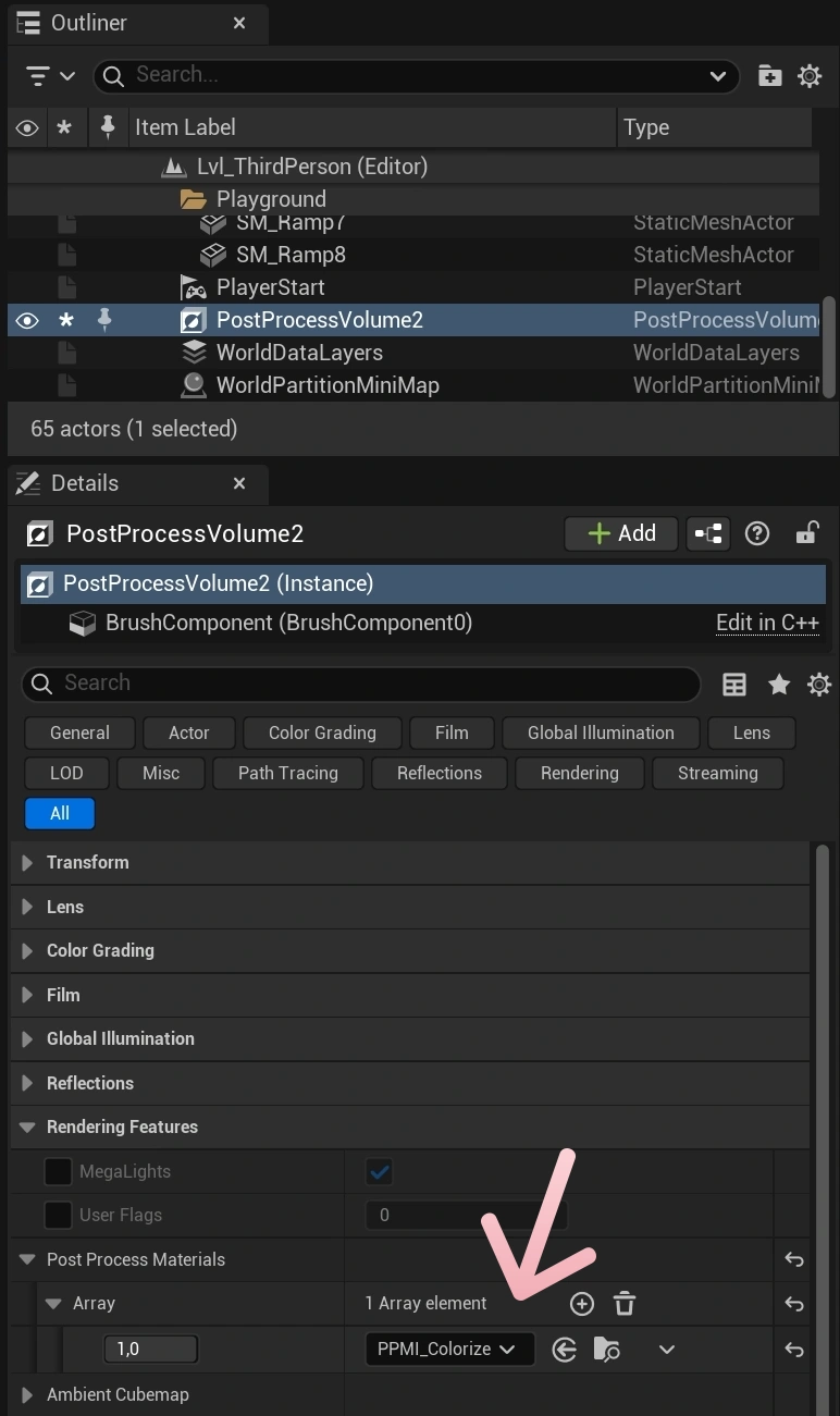 Showing where to add the post process material in the Unreal Engine post process volume.