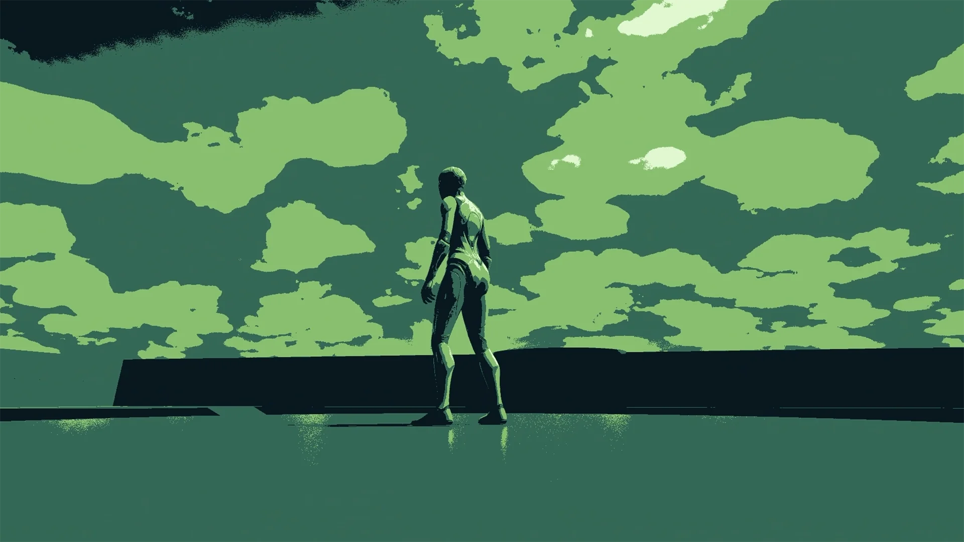 A stylized, monochrome green scene showing a robot-like figure standing on a platform and facing a wide sky filled with large, flat clouds.