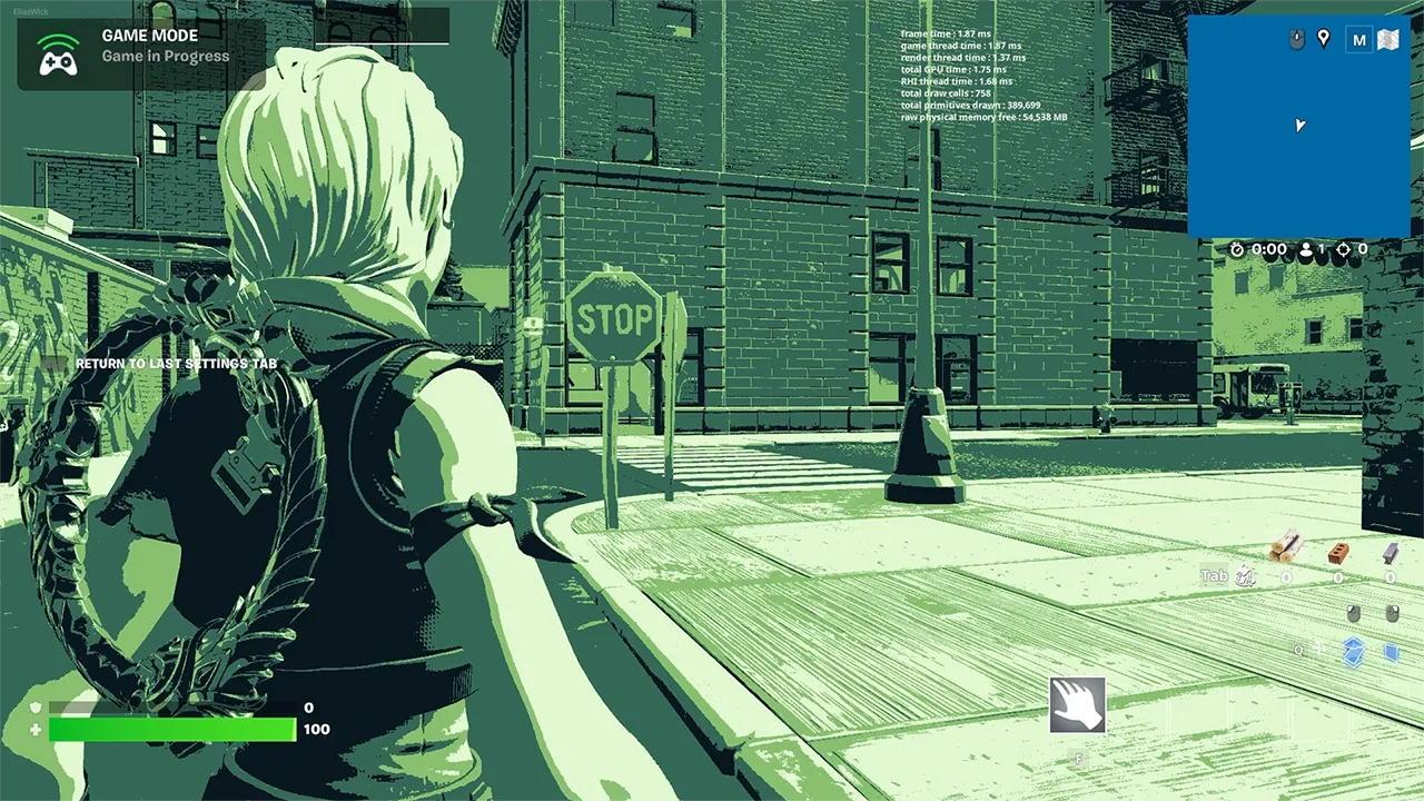 A Fortnite scene in monochrome green tones showing a character with short light hair standing on a city road and facing an intersection. Brick buildings, a stop sign, crosswalk, and streetlamp fill the urban background, while gameplay HUD elements like a mini-map, health bar, and on-screen prompts are visible.
