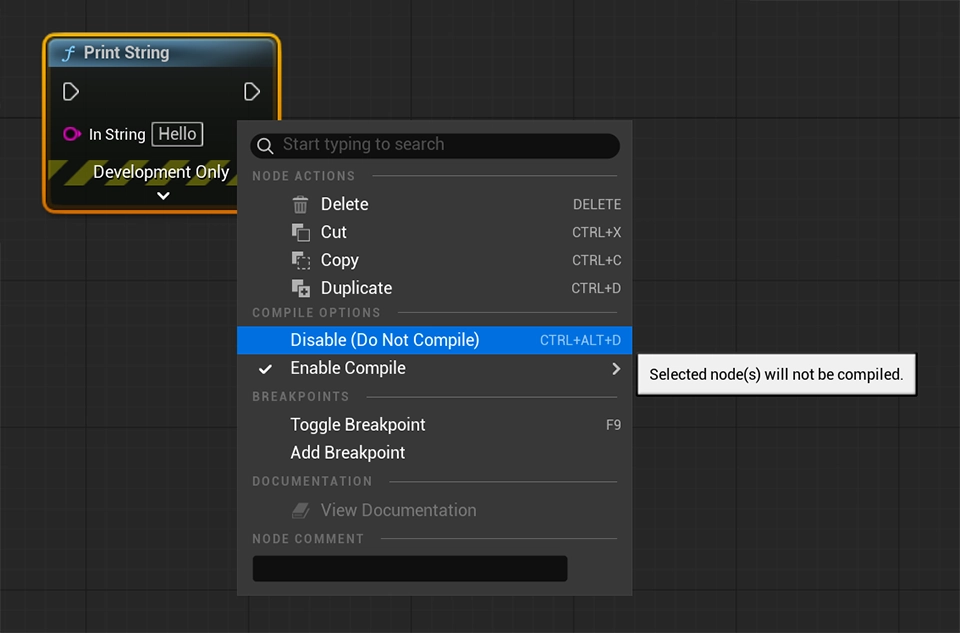 Showcasing how to disable blueprint nodes in Unreal Engine.