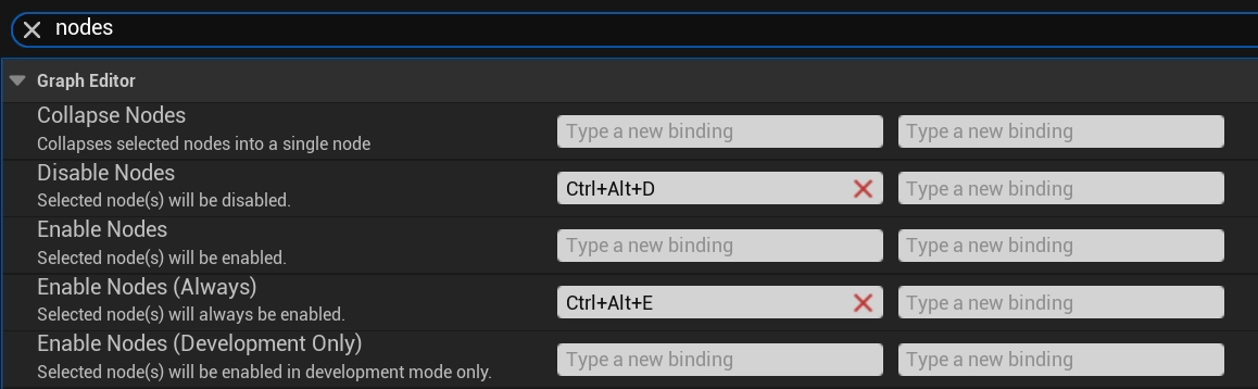 Showcasing how to bind keys for enabling and disabling blueprint nodes in Unreal Engine.
