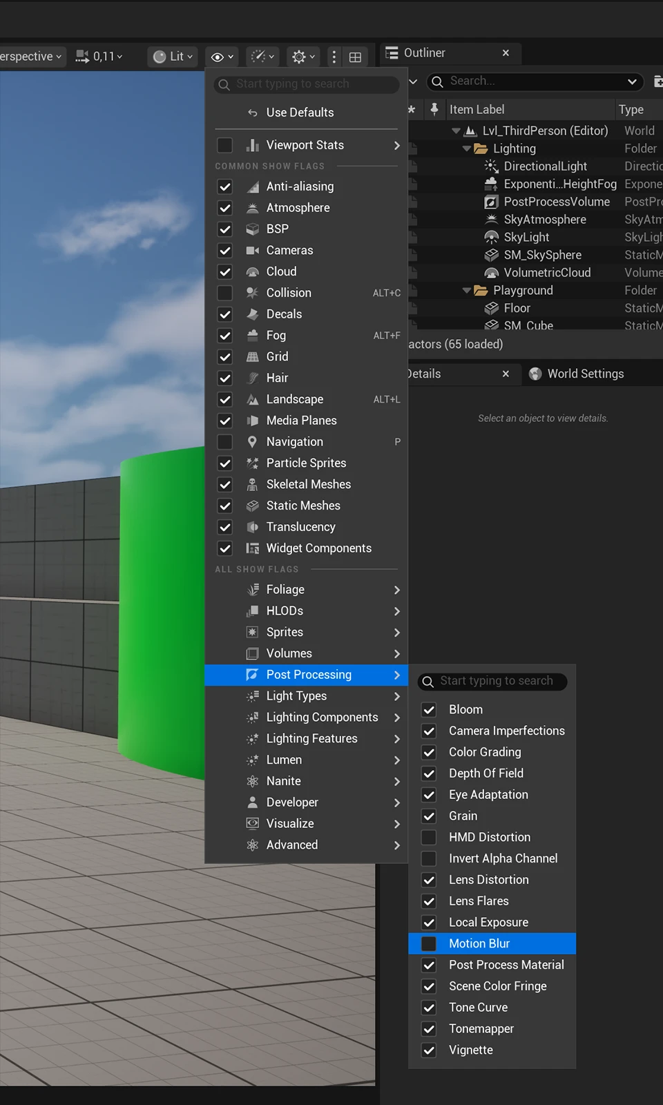 Showing the flag to toggle motion blur in Unreal Engine.