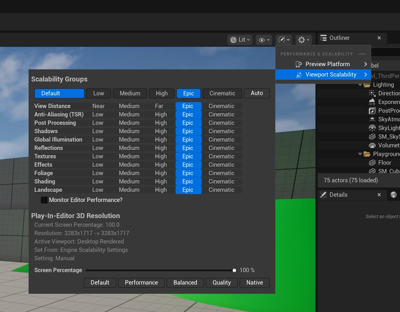 Showcasing how to lower the viewport 3D resolution in Unreal Engine.