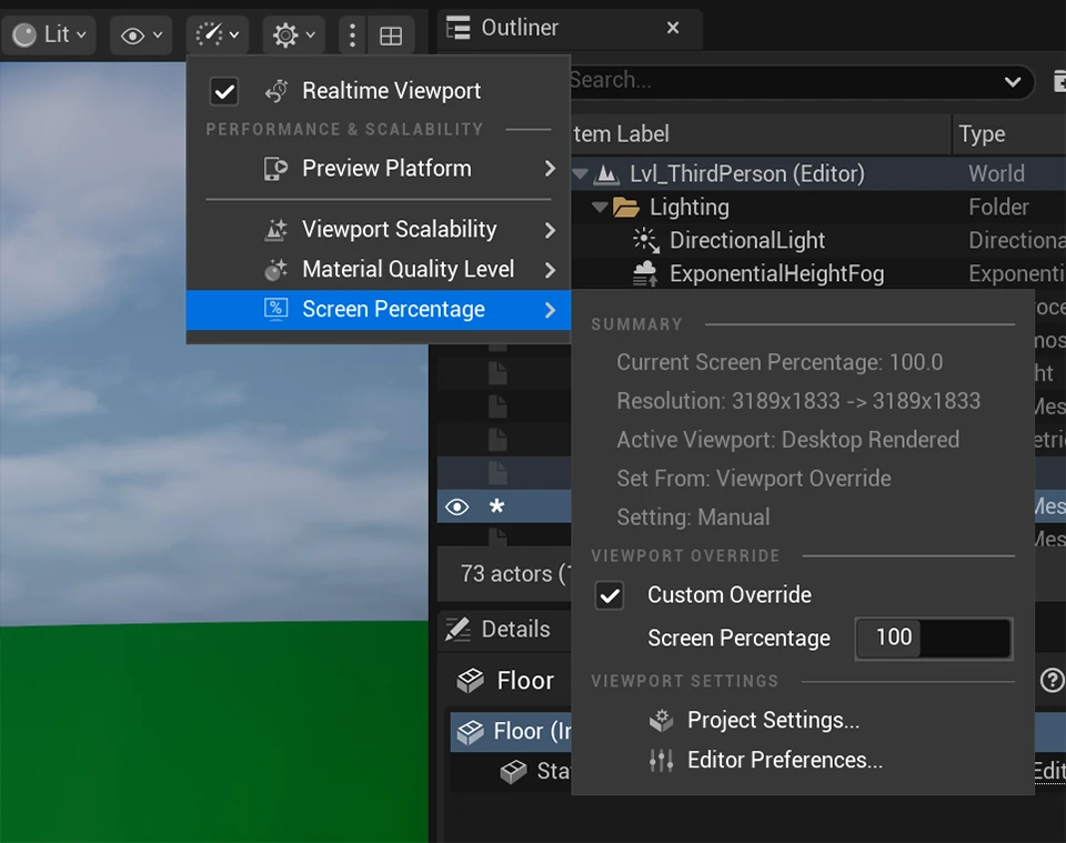 How to modify the viewport Screen Percentage in Unreal Engine.