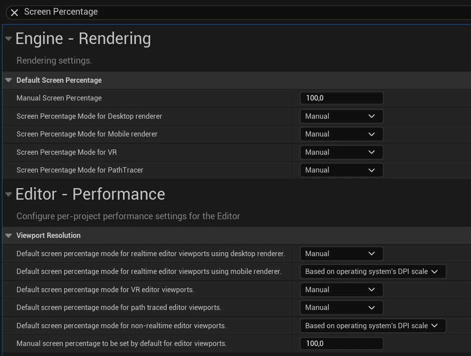 How to modify the Screen Percentage in Unreal Engine through project settings.