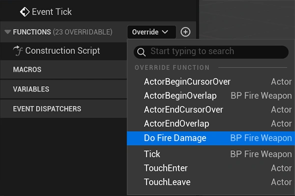 Showcasing where to override functions in Unreal Engine.