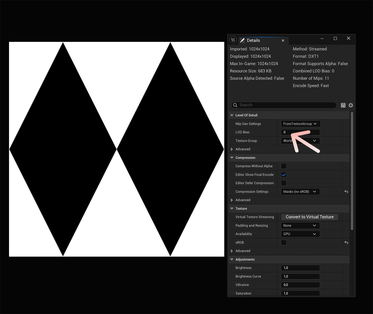 Showcasing where to change the LOD Bias for textures in Unreal Engine.