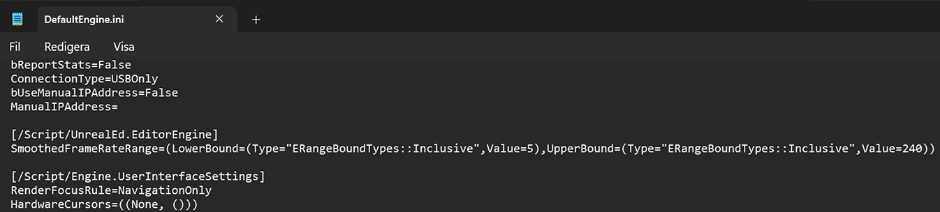 Showcasing how to update max FPS via DefaultEngine.ini in Unreal Engine.