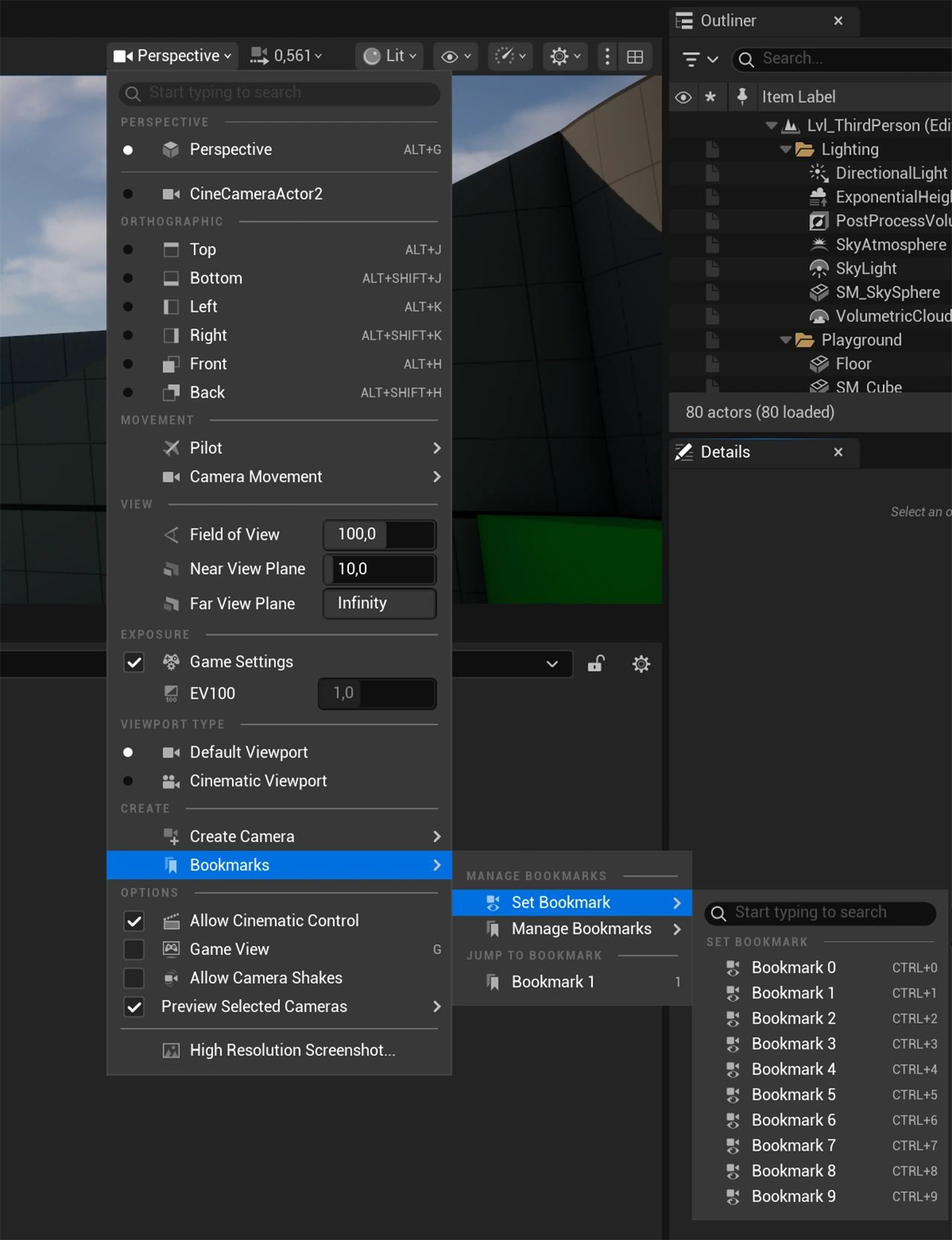 Showcasing where you can set bookmarks in Unreal Engine.