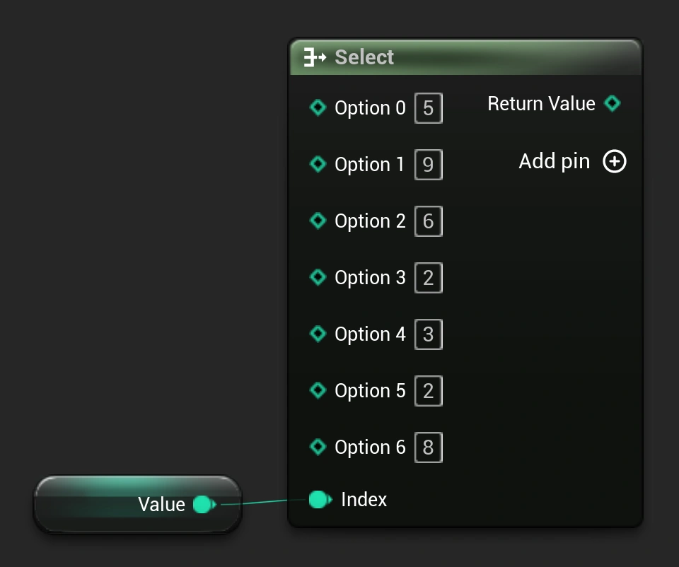 Showcasing the integer select node in Unreal Engine.